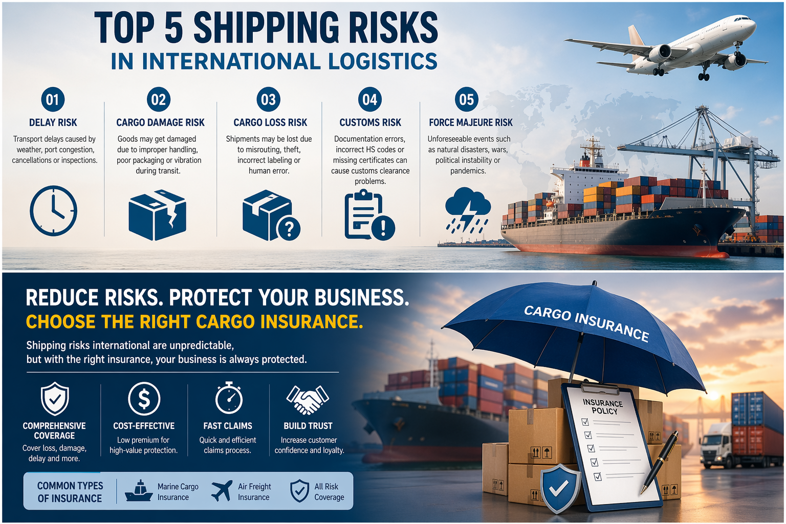 top 5 shipping risks international logistics infographic including delay, damage, loss, customs and force majeure