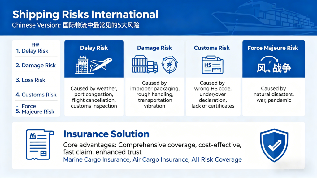 top 5 shipping risks international logistics infographic including delay, damage, loss, customs and force majeure